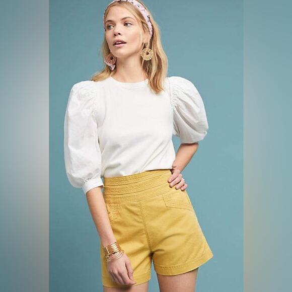 Anthropologie Hi-Rise Boardwalk Linen Blend Side Button Shorts In Mustard Size 4 - Picture 2 of 12